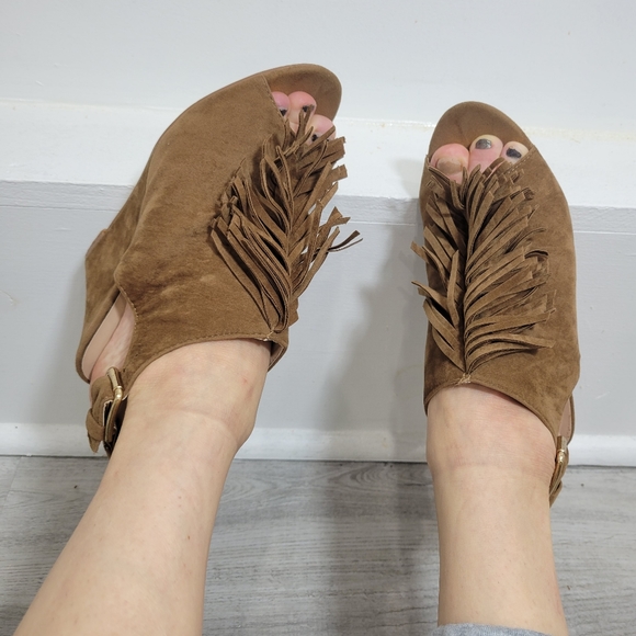 Open Back Cowgirl Fringed Open Toed Brown Suede Sandal Wedges size 6.5 - Picture 2 of 10